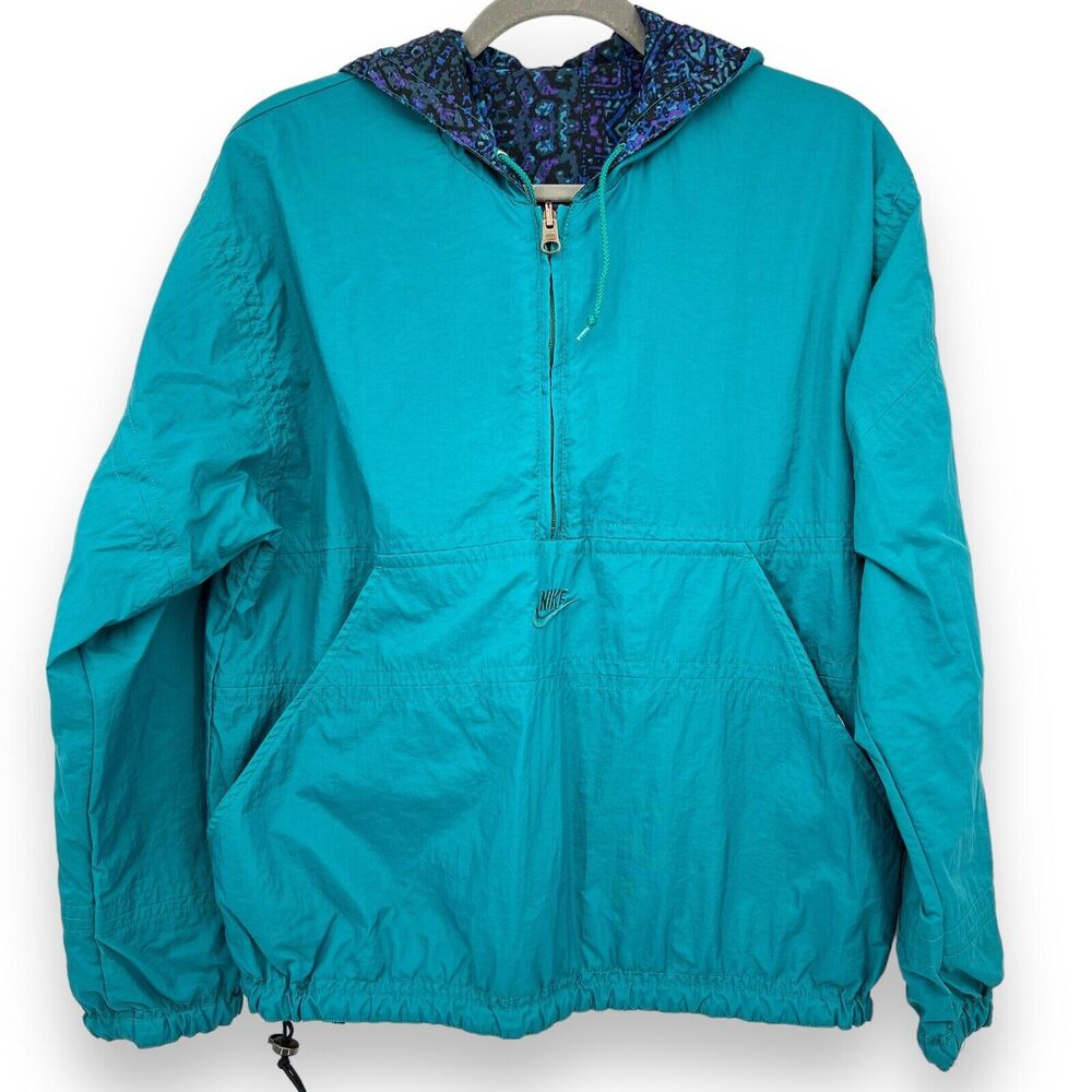 Vintage 90s Nike Reversible Anorak Windbreaker Jacket Teal Blue 1/4 Zip Womens S